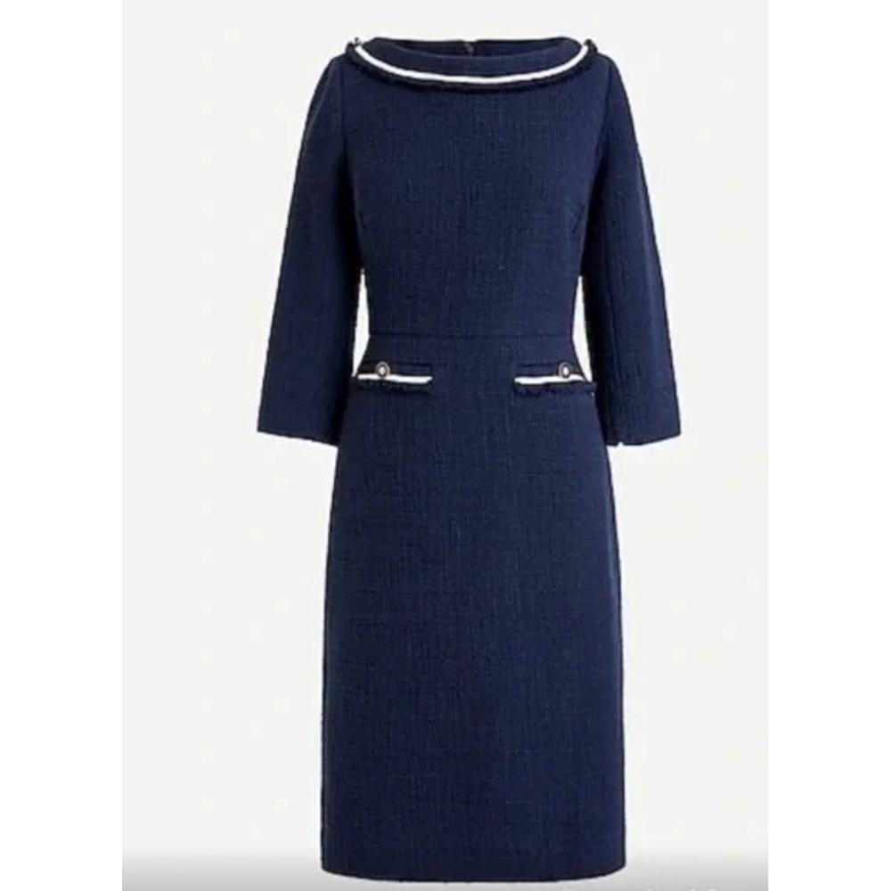 J. Crew Textured Tweed Boatneck Sheath Dress 10 Maritime Navy Office Career NEW